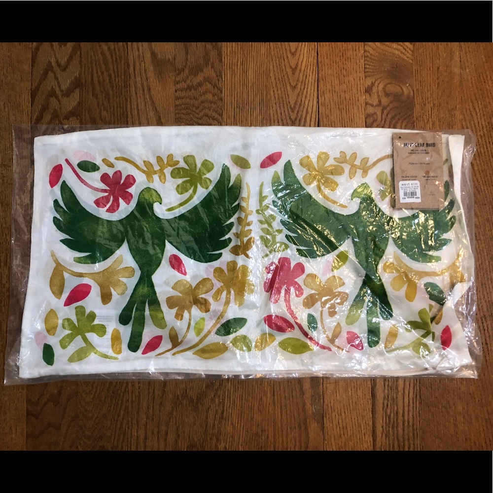 West Elm Mint Leaf Bird Silk Pillow COVER